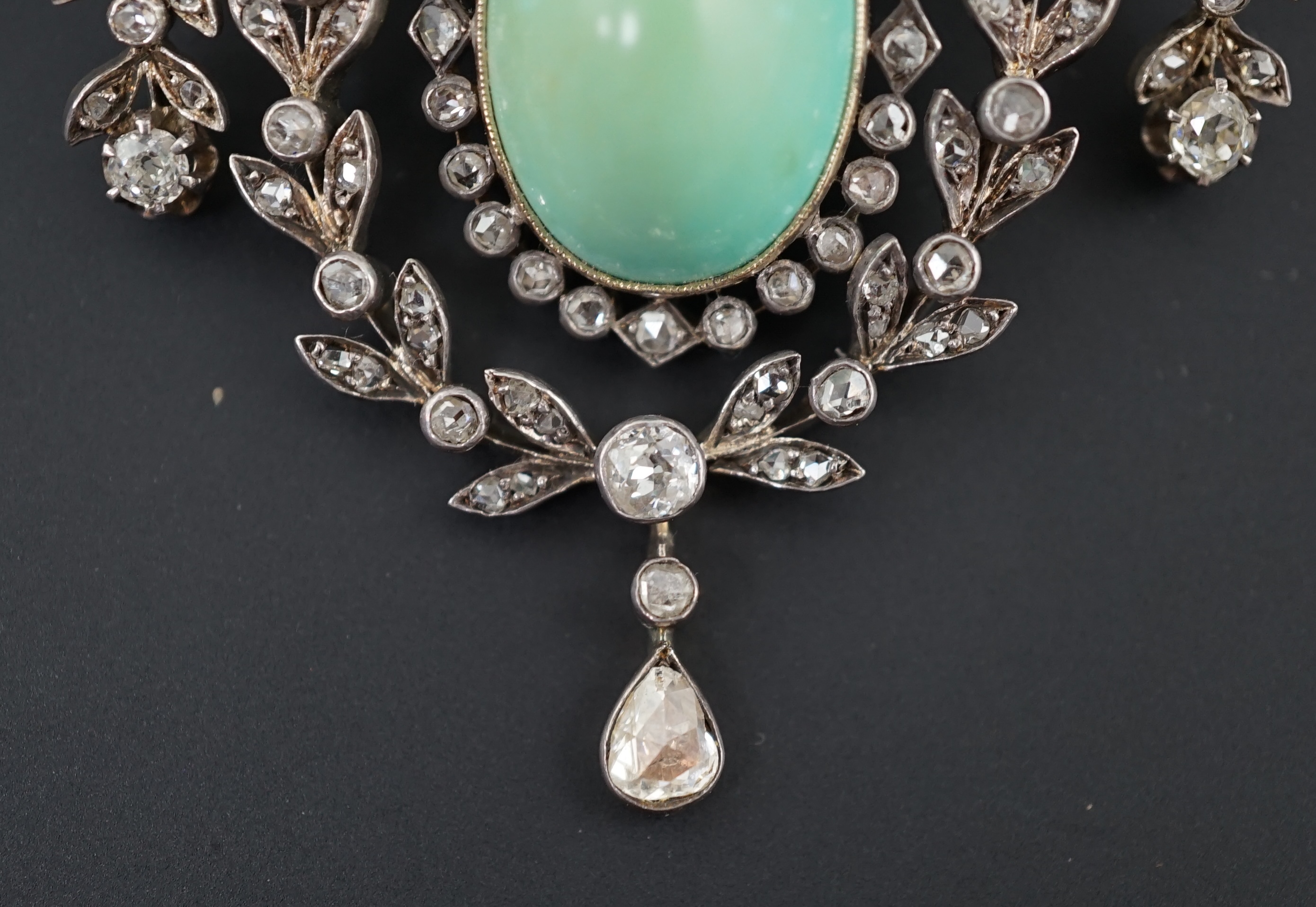 An Edwardian gold and silver, diamond and turquoise set drop pendant brooch